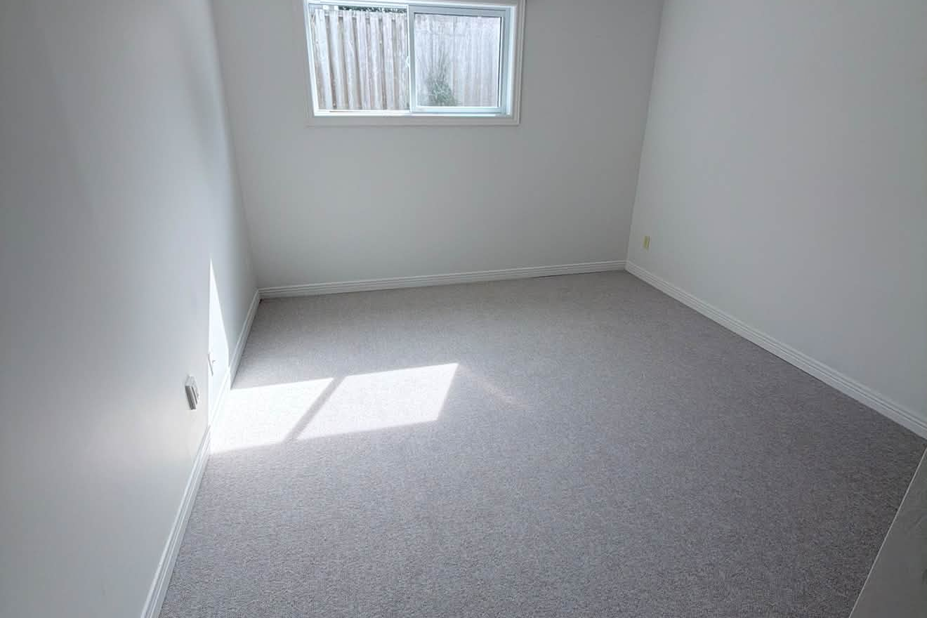 Freshly carpeted basement bedroom with ceiling fan and window