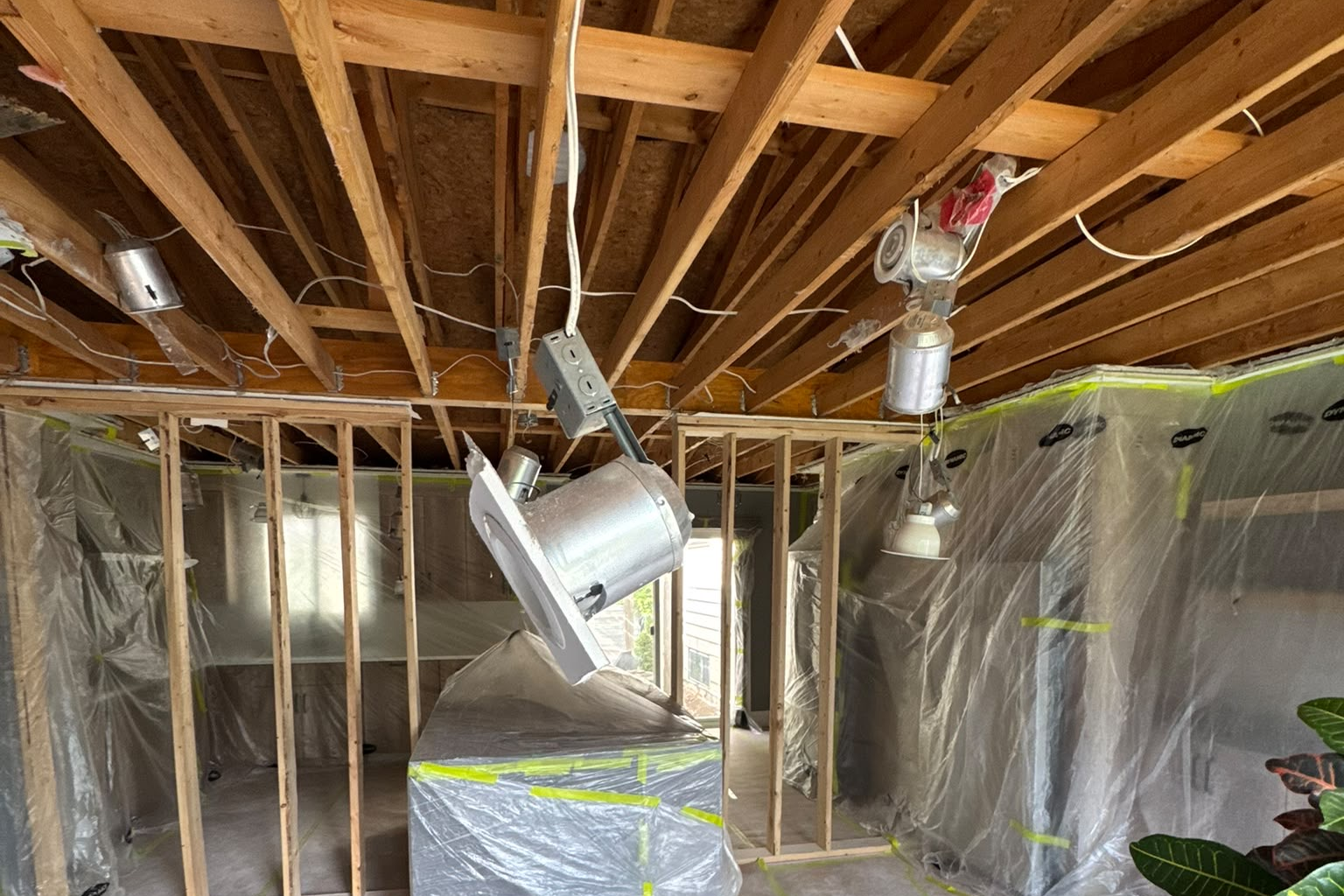 Open-concept room framing with insulation prep